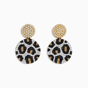 A pair of 14K Gold Black, Espresso, and White Diamond Panther Spot Drop Earrings (1.57 TCW), featuring double discs with panther spots and sparkling diamonds, displayed on a plain white background.