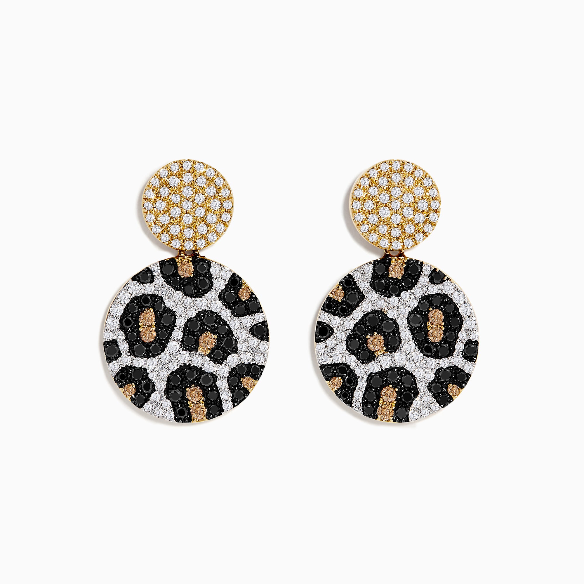 A pair of 14K Gold Black, Espresso, and White Diamond Panther Spot Drop Earrings (1.57 TCW), featuring double discs with panther spots and sparkling diamonds, displayed on a plain white background.