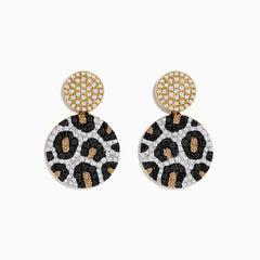 A pair of 14K Gold Black, Espresso, and White Diamond Panther Spot Drop Earrings (1.57 TCW), featuring double discs with panther spots and sparkling diamonds, displayed on a plain white background.