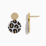 A pair of 14K Gold Black, Espresso, and White Diamond Panther Spot Drop Earrings (1.57 TCW), featuring double discs with panther spots and sparkling diamonds, displayed on a plain white background.