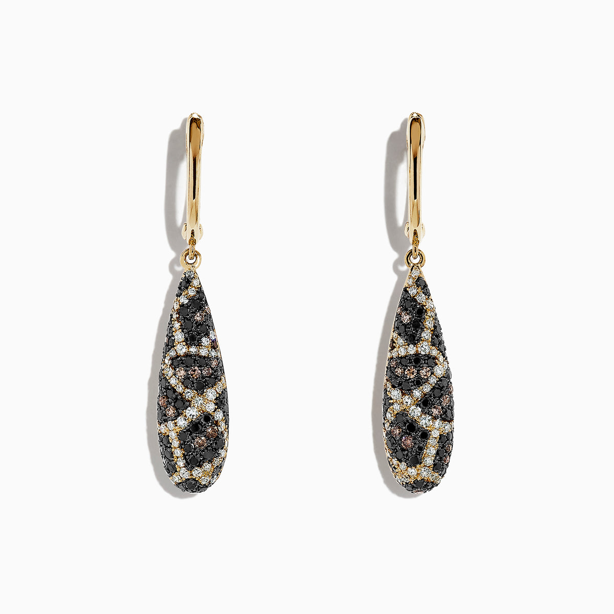 These 14K yellow gold drop earrings feature teardrop pendants with an intricate espresso, black, and white diamond design, totaling 1.26 TCW.
