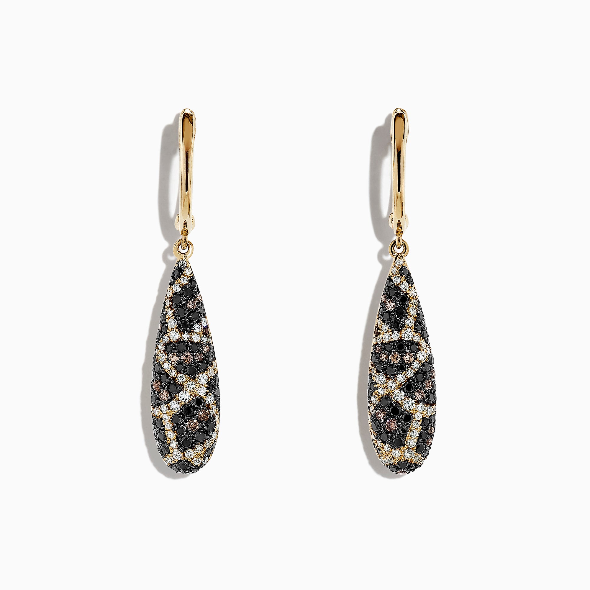 These 14K yellow gold drop earrings feature teardrop pendants with an intricate espresso, black, and white diamond design, totaling 1.26 TCW.