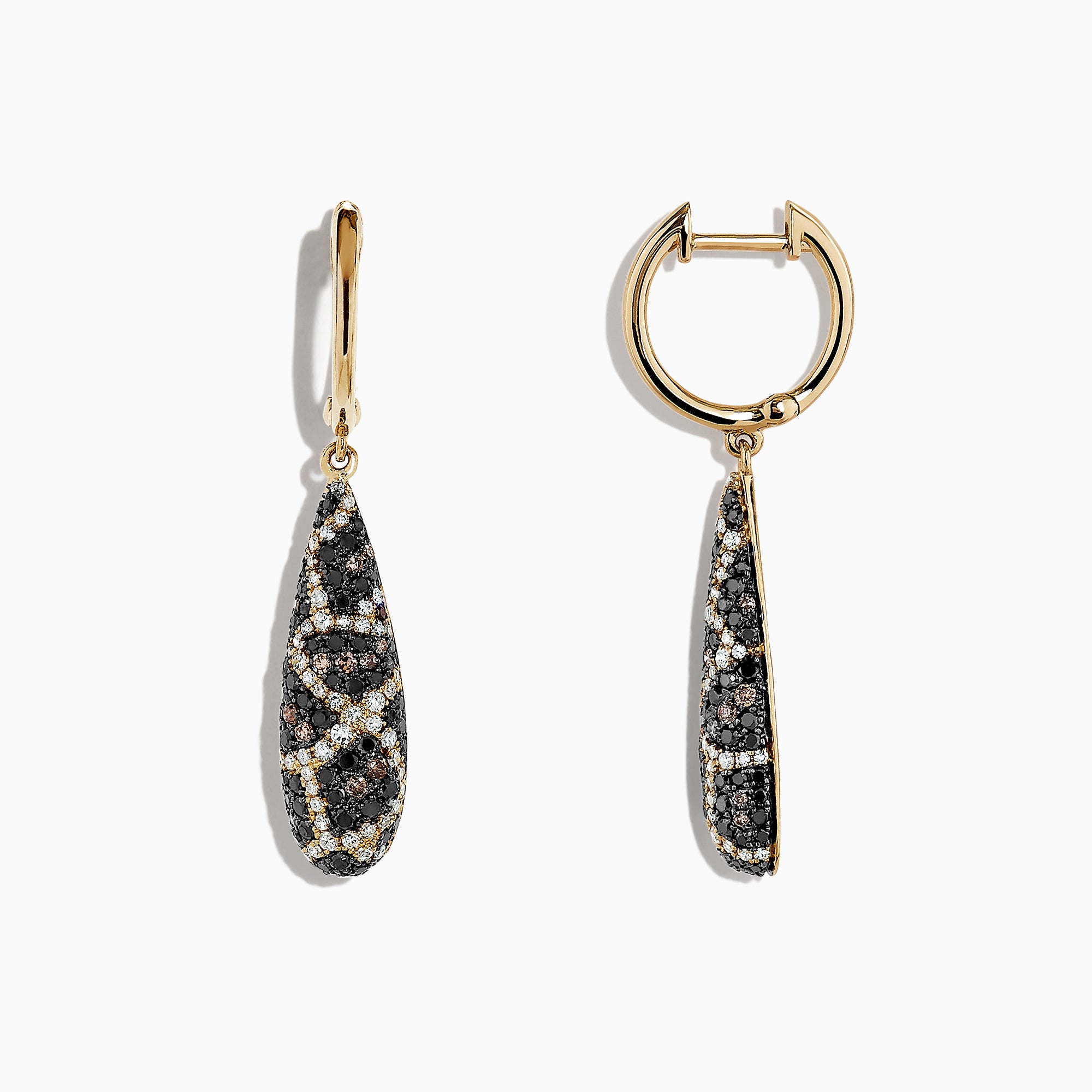 These 14K yellow gold drop earrings feature teardrop pendants with an intricate espresso, black, and white diamond design, totaling 1.26 TCW.