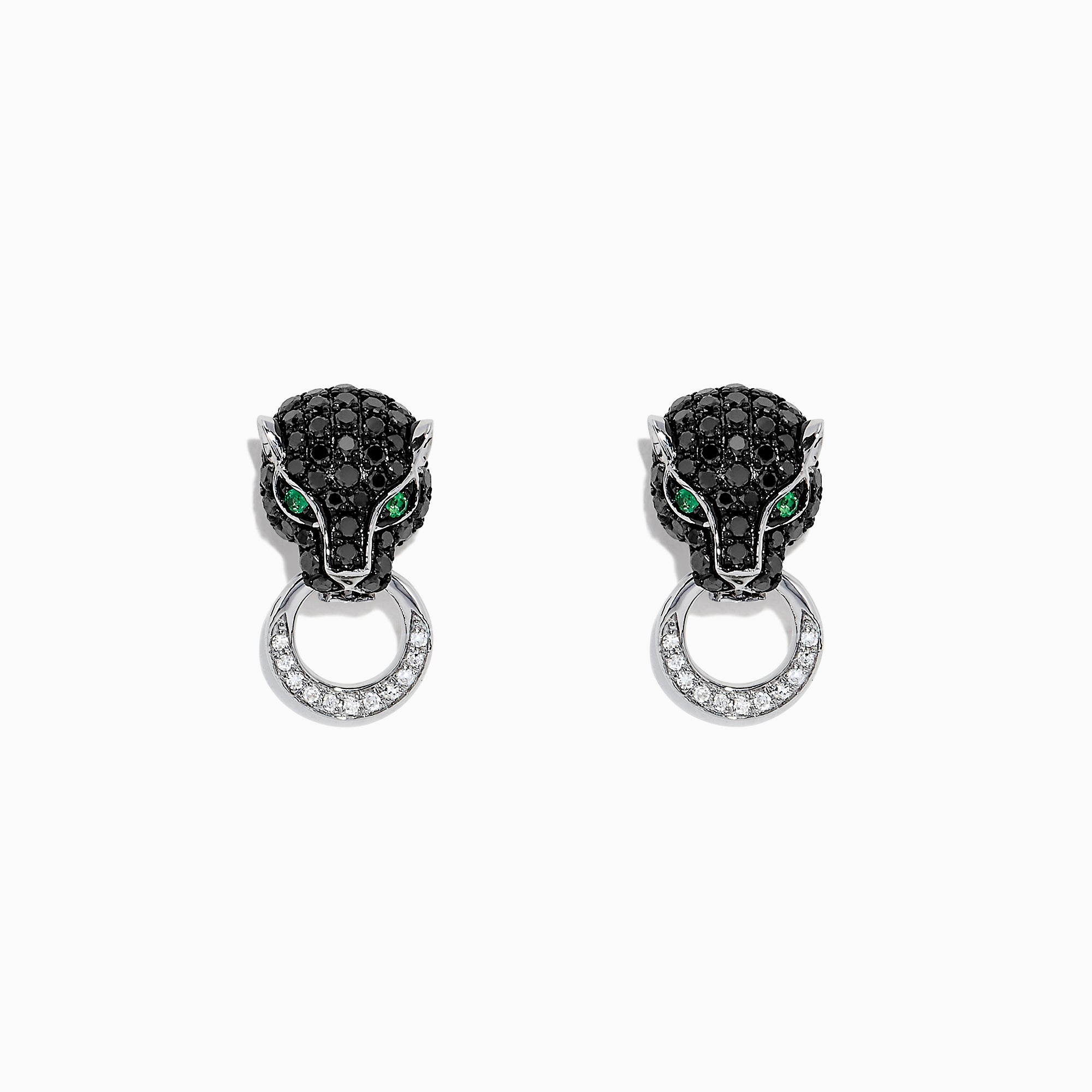 The Signature 14K White Gold Black Diamond & Emerald Earrings, 0.84 TCW, feature panther heads encrusted with black diamonds and emerald eyes, each holding a diamond-studded hoop, set against a white background.