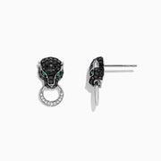 Signature 14K White Gold Black Diamond & Emerald Earrings (0.84 TCW) feature panther heads with black diamonds, emerald green eyes, and a clear-stone ring in the mouth. One earring is shown from the front, the other from the side.