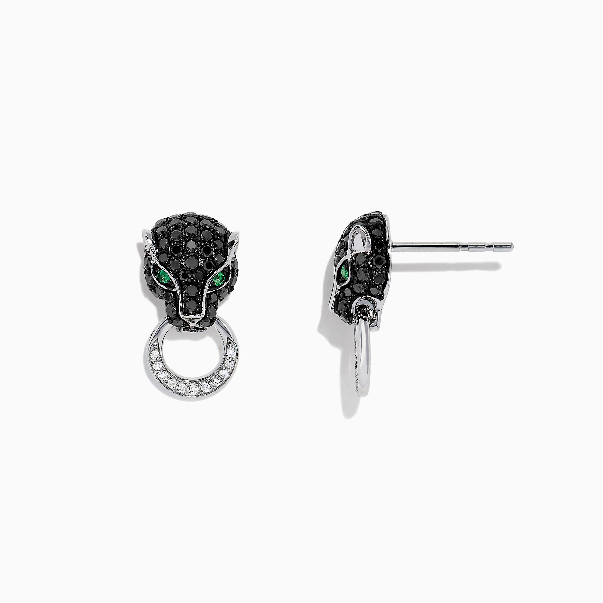 Signature 14K White Gold Black Diamond & Emerald Earrings (0.84 TCW) feature panther heads with black diamonds, emerald green eyes, and a clear-stone ring in the mouth. One earring is shown from the front, the other from the side.