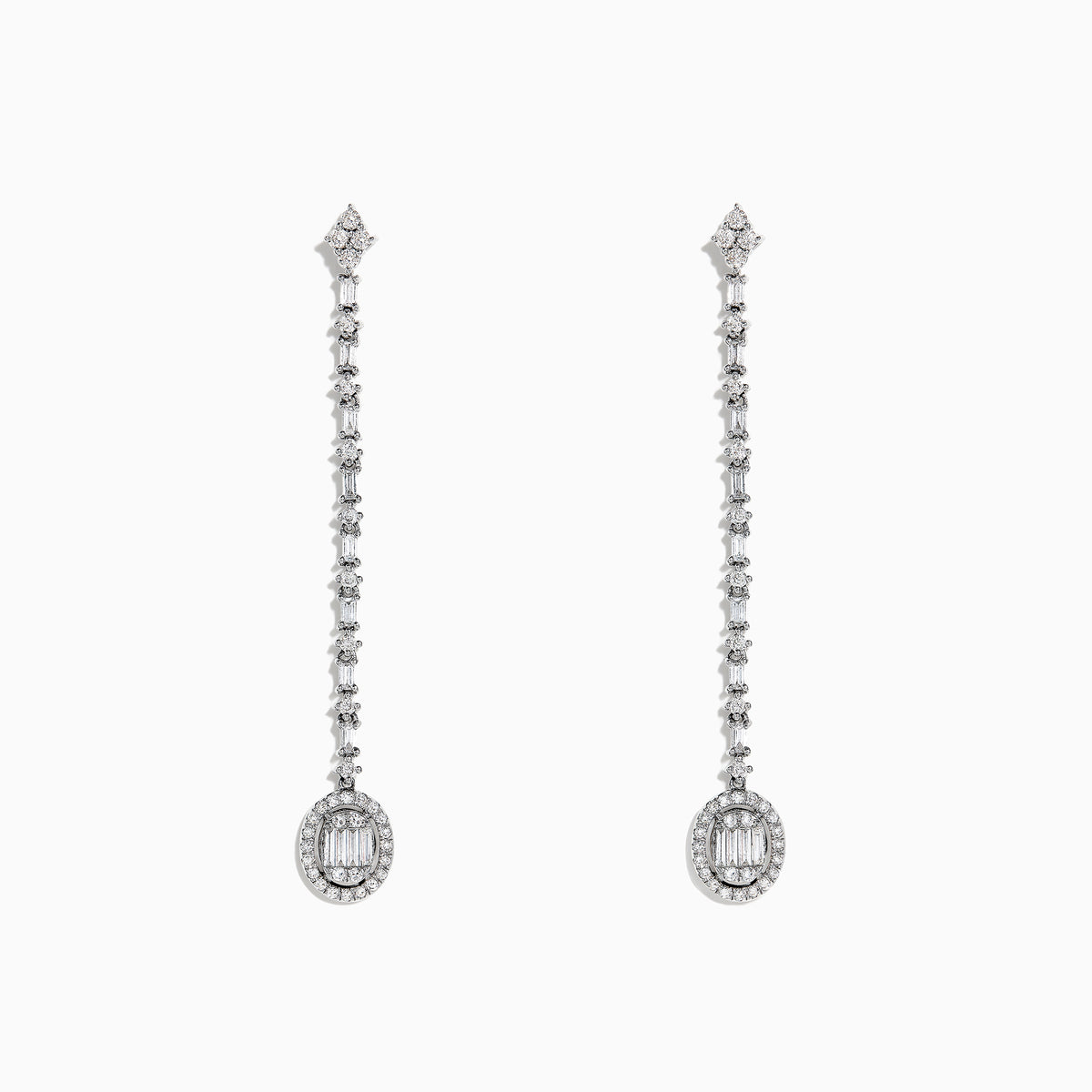 The Classique 14K White Gold Diamond Drop Earrings, 0.72 TCW, feature a linear design of sparkling diamonds ending in an oval-shaped, gem-encrusted drop on each elegant earring.