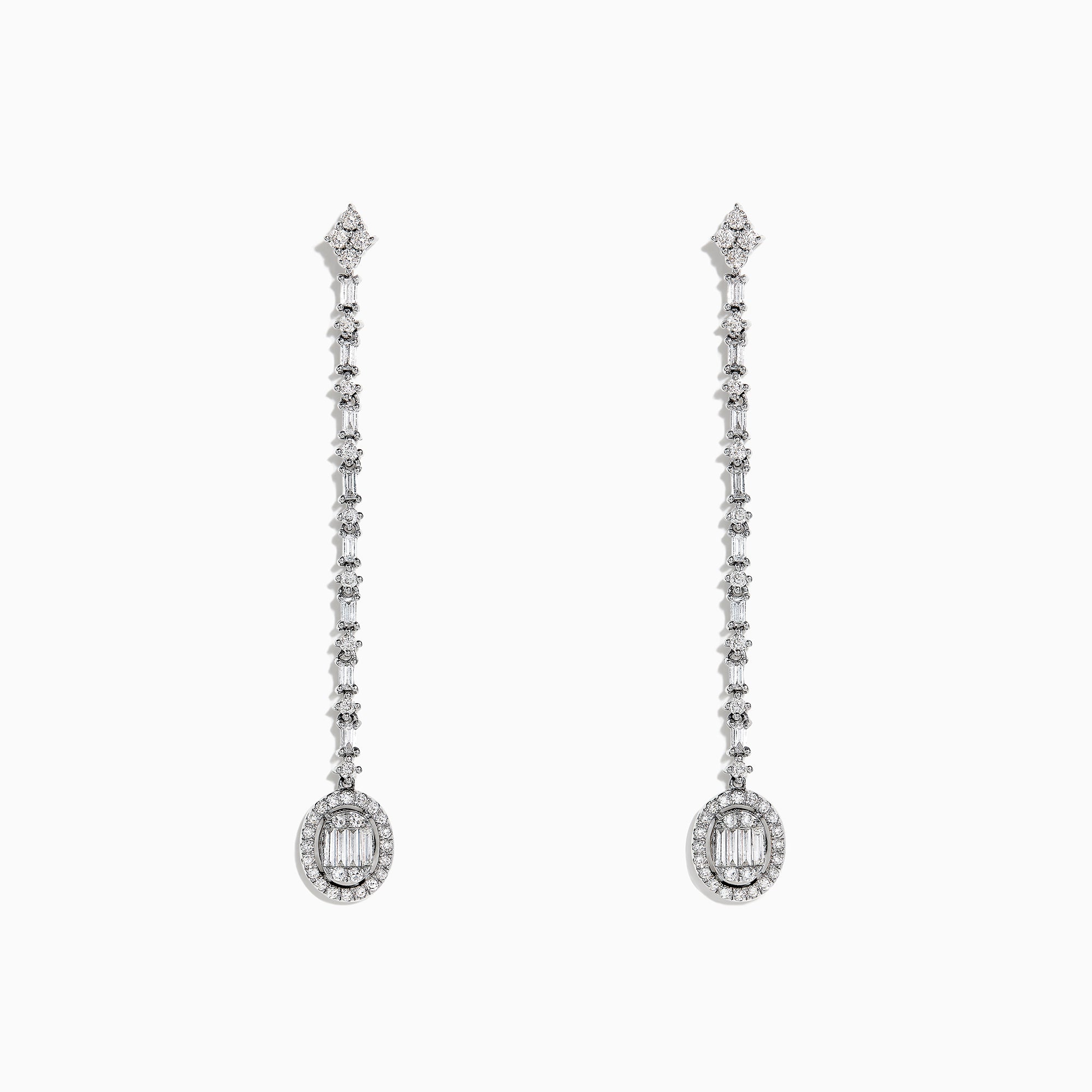 The Classique 14K White Gold Diamond Drop Earrings, 0.72 TCW, feature a linear design of sparkling diamonds ending in an oval-shaped, gem-encrusted drop on each elegant earring.