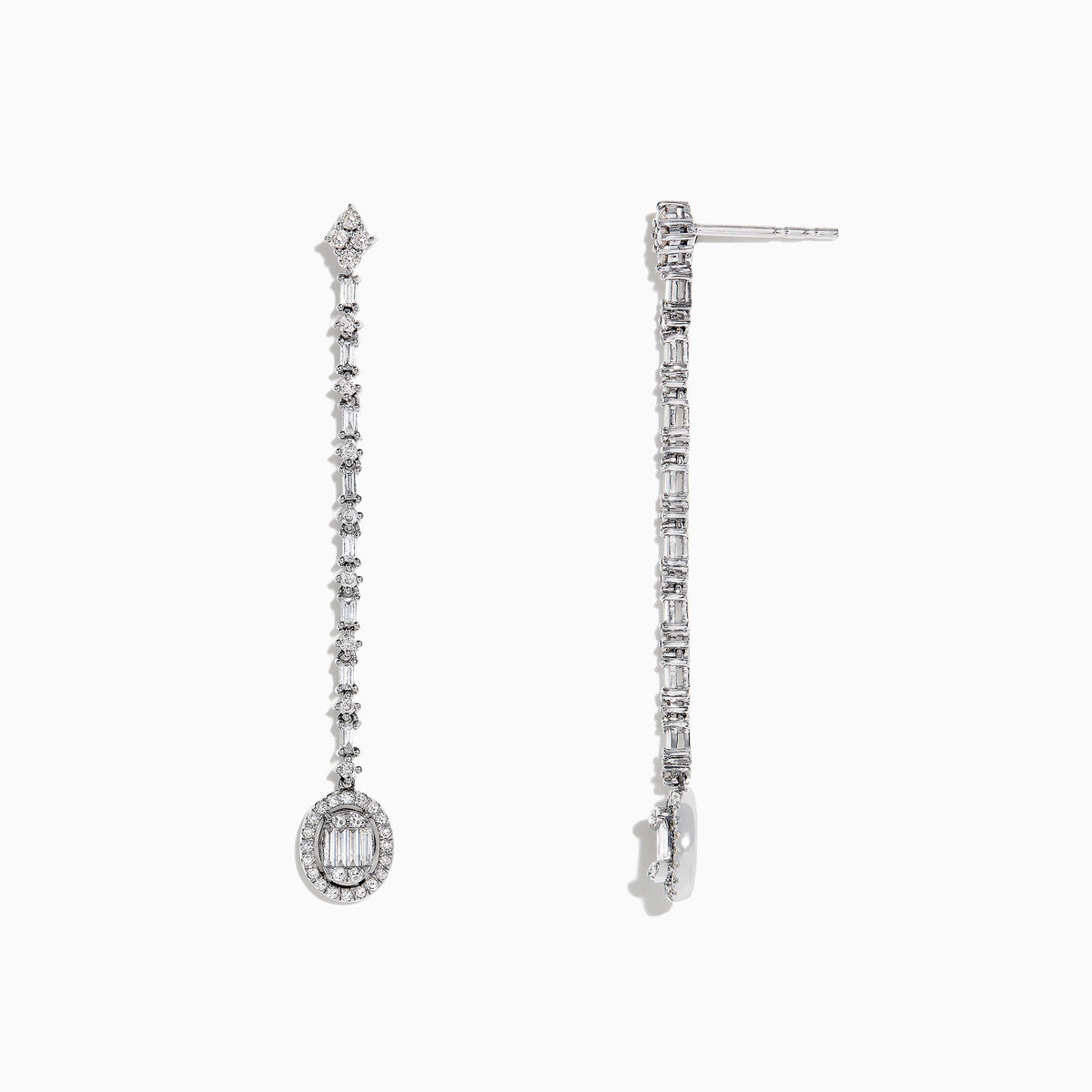 The Classique 14K White Gold Diamond Drop Earrings, 0.72 TCW, feature a linear design of sparkling diamonds ending in an oval-shaped, gem-encrusted drop on each elegant earring.
