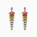 Watercolors 14K Gold Multi Sapphire and Diamond Earrings, 3.65 TCW, showcase leaf-shaped sapphires in pink, orange, green, blue, and clear hues arranged in a cascading design with elegant gold settings.