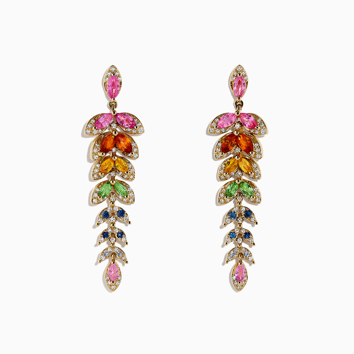 Watercolors 14K Gold Multi Sapphire and Diamond Earrings, 3.65 TCW, showcase leaf-shaped sapphires in pink, orange, green, blue, and clear hues arranged in a cascading design with elegant gold settings.