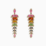 Watercolors 14K Gold Multi Sapphire and Diamond Earrings, 3.65 TCW, showcase leaf-shaped sapphires in pink, orange, green, blue, and clear hues arranged in a cascading design with elegant gold settings.