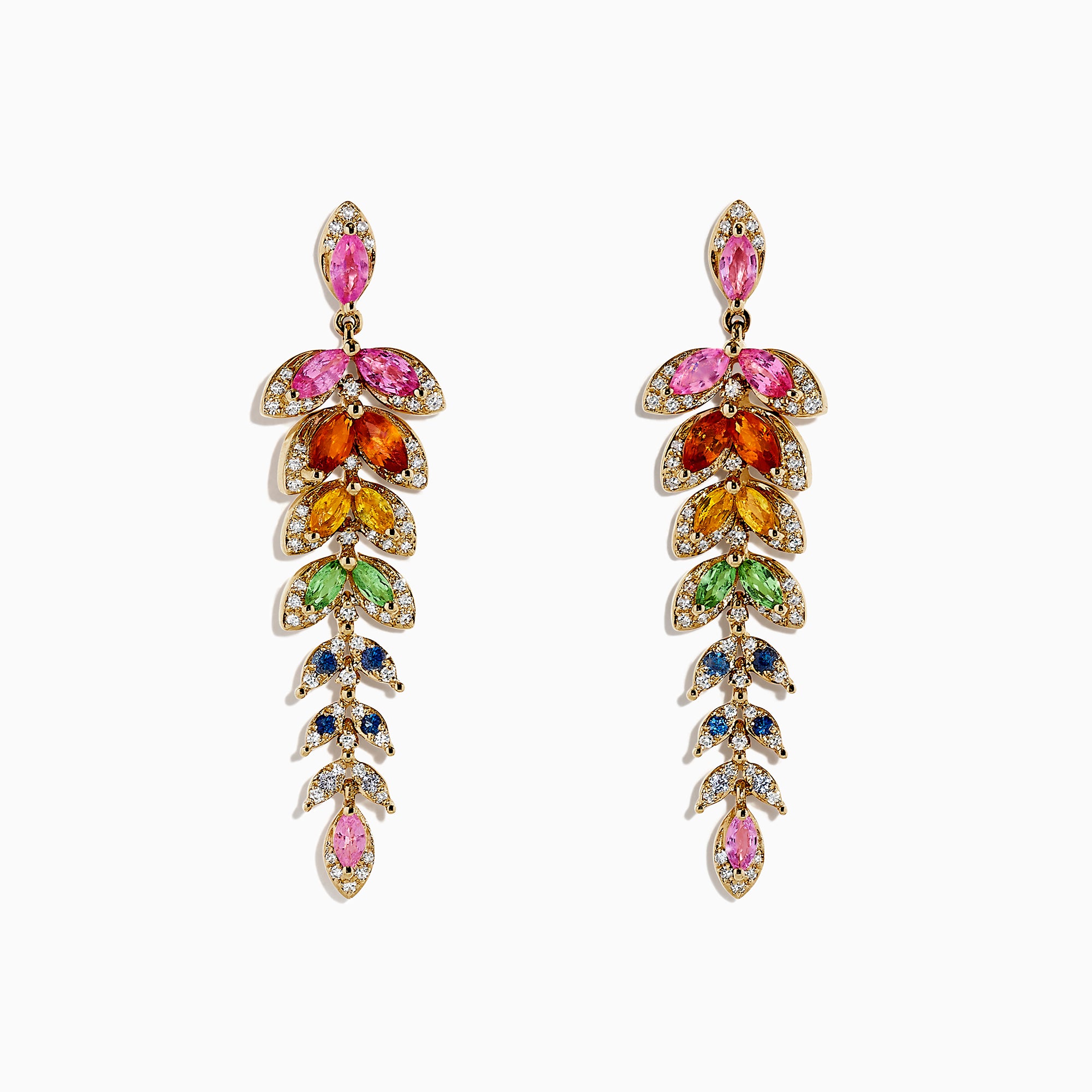 Watercolors 14K Gold Multi Sapphire and Diamond Earrings, 3.65 TCW, showcase leaf-shaped sapphires in pink, orange, green, blue, and clear hues arranged in a cascading design with elegant gold settings.