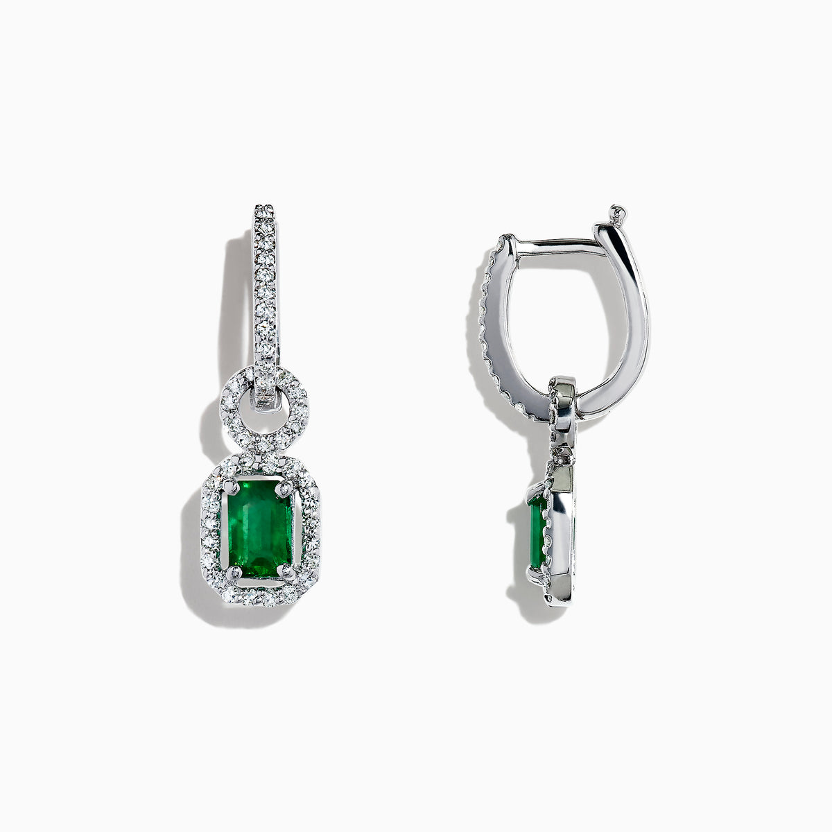 The Brasilica 14K White Gold Emerald and Diamond Drop Earrings, 1.47 TCW, feature rectangular gemstones in an elegant drop design, beautifully displayed on a white background.