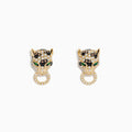 The Brasillica 14K Yellow Gold Emerald, Espresso and White Diamond Earrings feature panther heads with emerald eyes, espresso and white diamonds, each holding a sparkling circular ring.