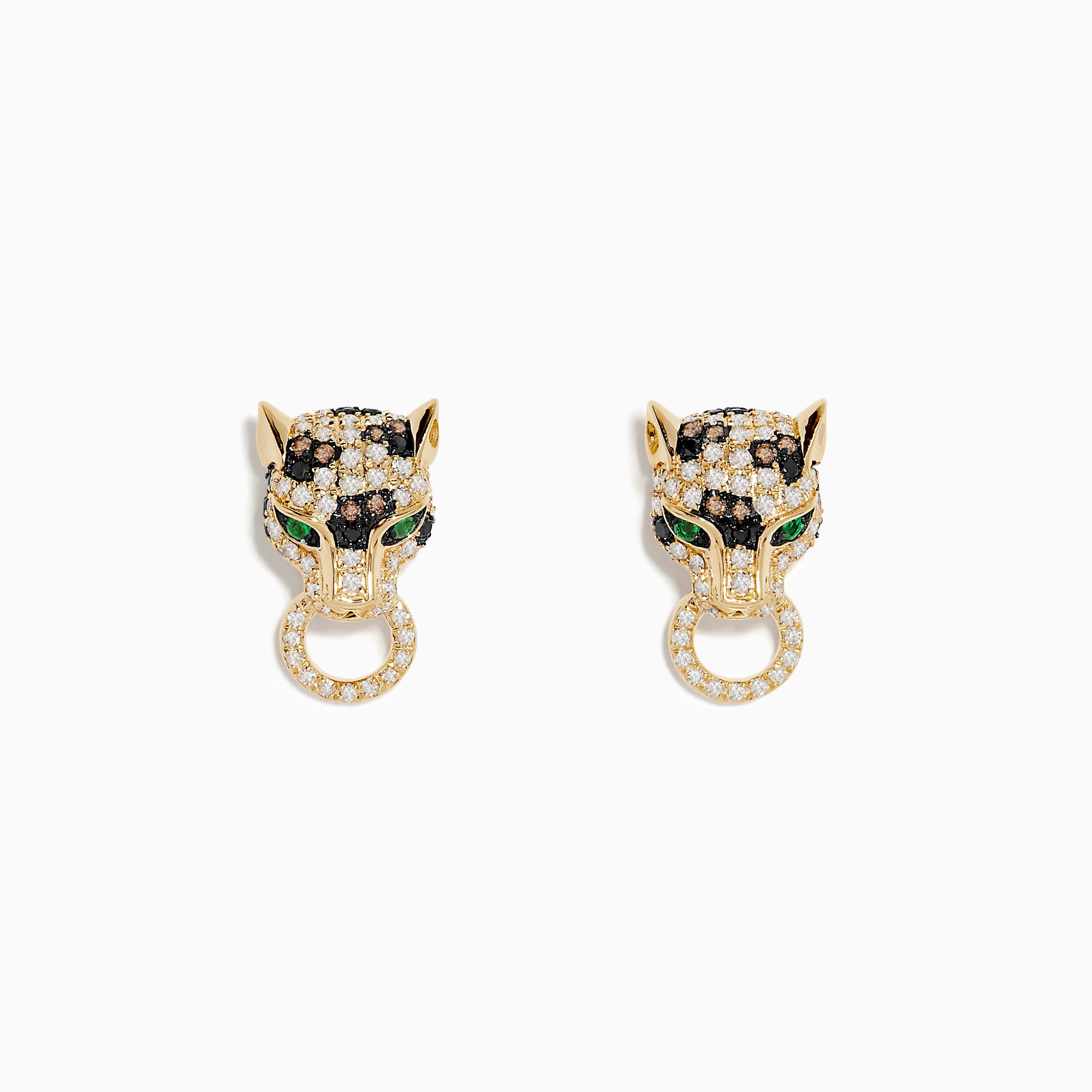 The Brasillica 14K Yellow Gold Emerald, Espresso and White Diamond Earrings feature panther heads with emerald eyes, espresso and white diamonds, each holding a sparkling circular ring.