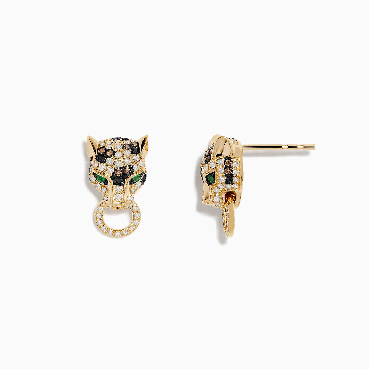 The Brasillica 14K Yellow Gold Emerald, Espresso and White Diamond Earrings feature panther heads with emerald eyes, espresso and white diamonds, each holding a sparkling circular ring.