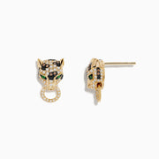 The Brasillica 14K Yellow Gold Emerald, Espresso and White Diamond Earrings feature panther heads with emerald eyes, espresso and white diamonds, each holding a sparkling circular ring.