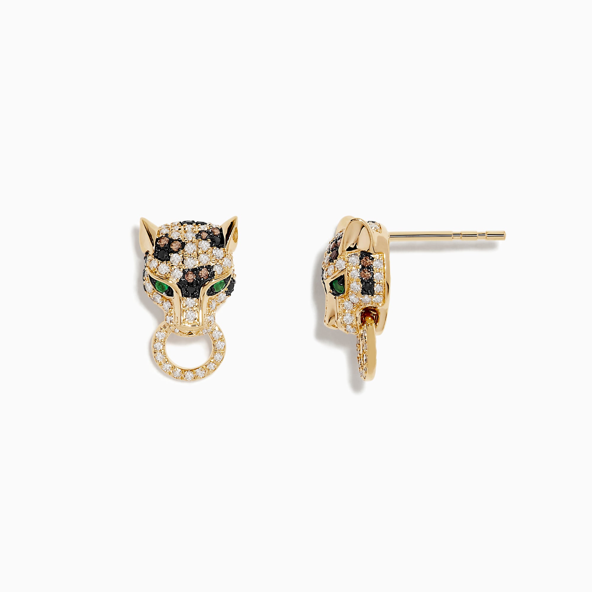 The Brasillica 14K Yellow Gold Emerald, Espresso and White Diamond Earrings feature panther heads with emerald eyes, espresso and white diamonds, each holding a sparkling circular ring.