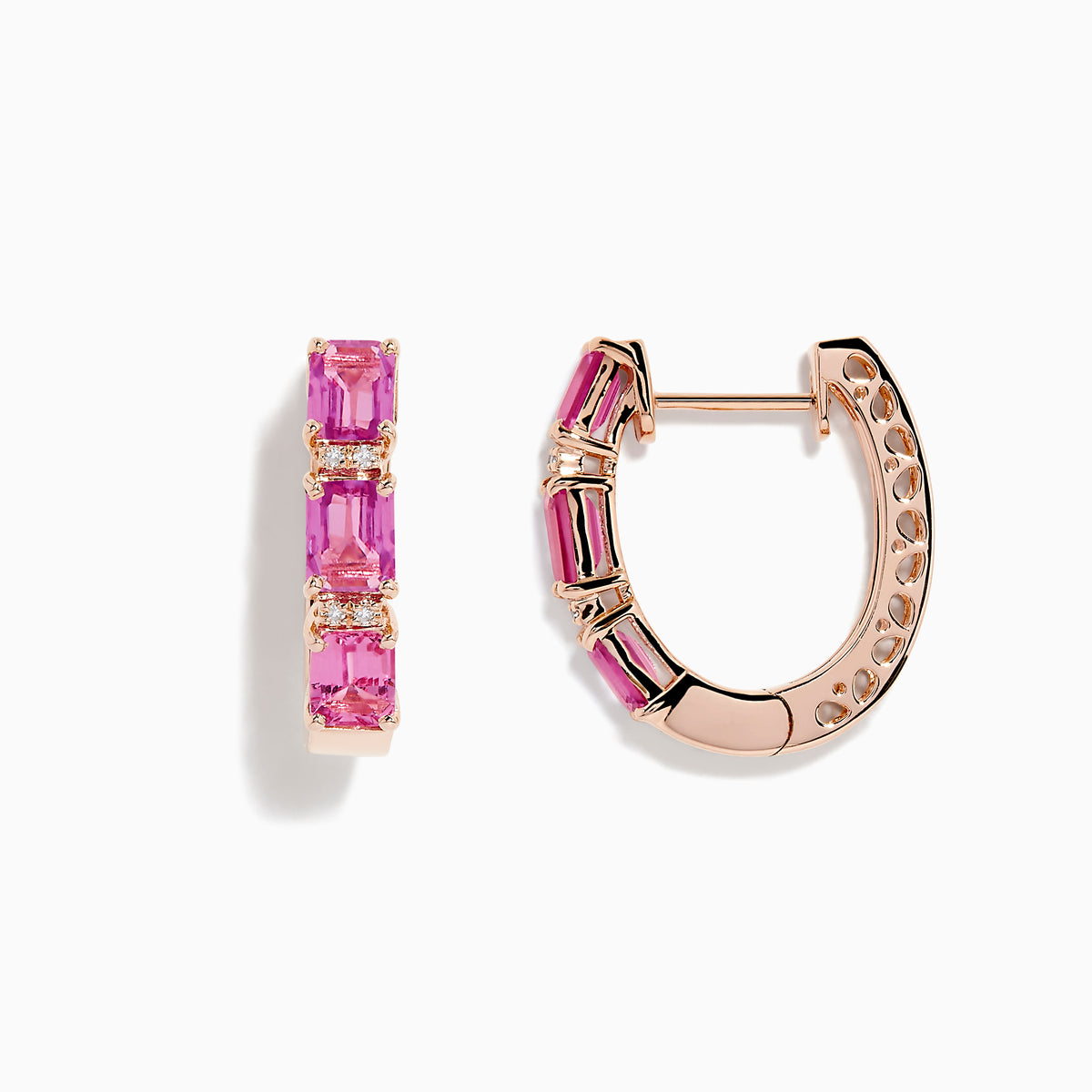 A pair of 14K rose gold huggie hoop earrings featuring pink sapphires and diamonds, displayed against a white background.