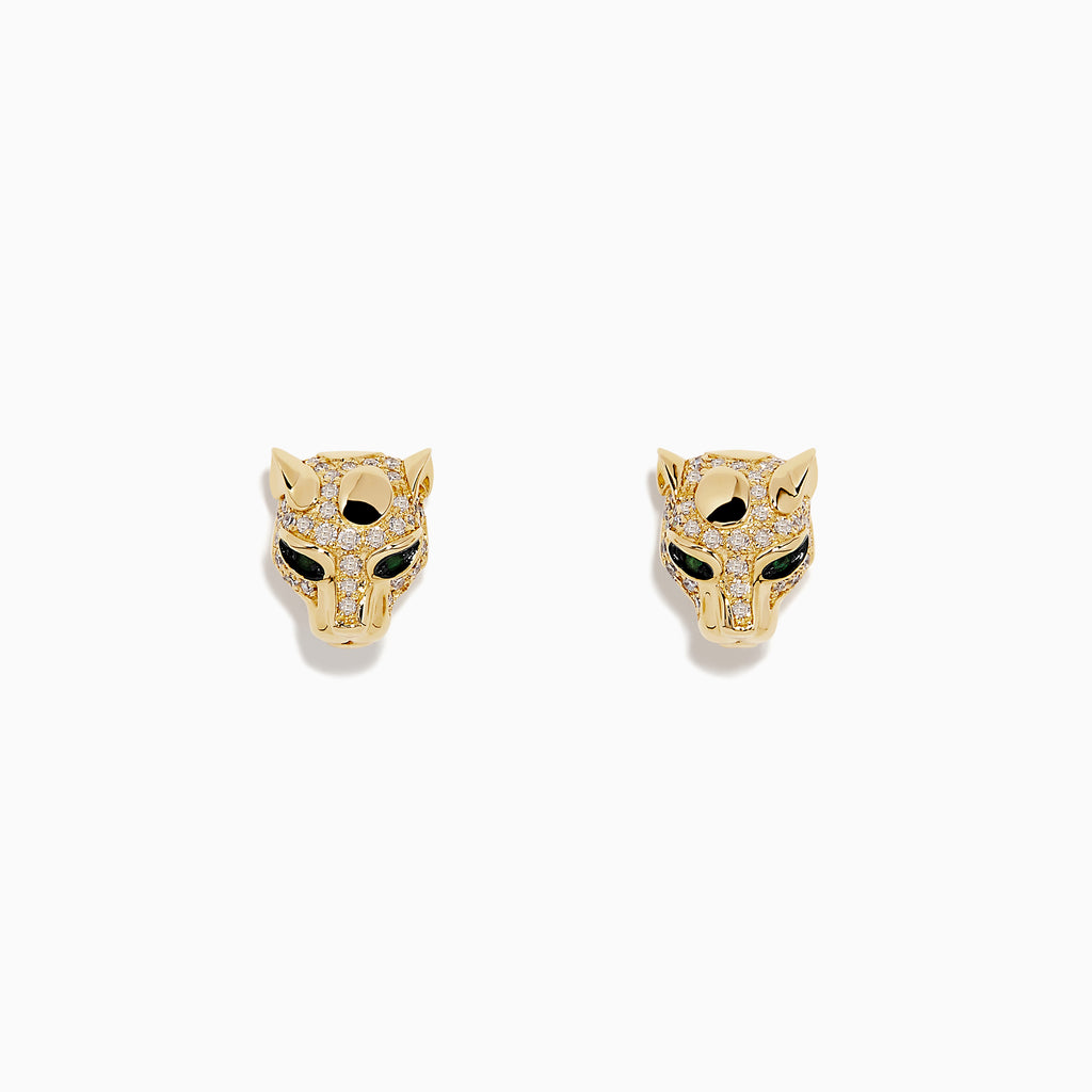 Signature 14K Gold Emerald and Diamond Panther Earrings (0.35 TCW) shaped like panther heads with black eye and nose detailing, featuring dazzling diamonds on the forehead and ears.