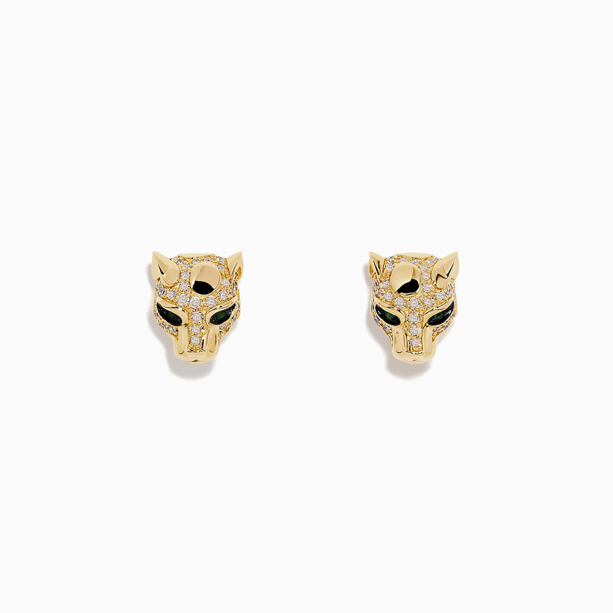 Signature 14K Gold Emerald and Diamond Panther Earrings (0.35 TCW) shaped like panther heads with black eye and nose detailing, featuring dazzling diamonds on the forehead and ears.