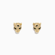 Signature 14K Gold Emerald and Diamond Panther Earrings (0.35 TCW) shaped like panther heads with black eye and nose detailing, featuring dazzling diamonds on the forehead and ears.