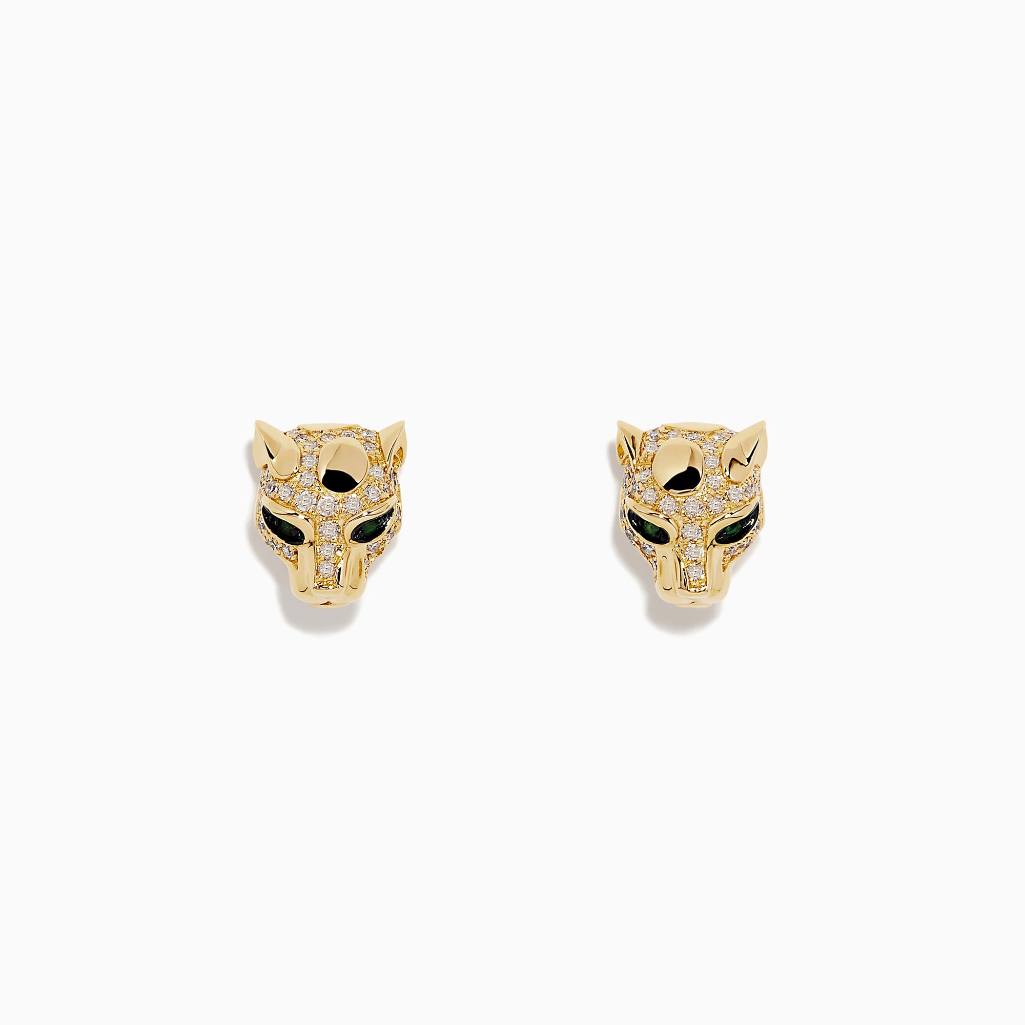Signature 14K Gold Emerald and Diamond Panther Earrings (0.35 TCW) shaped like panther heads with black eye and nose detailing, featuring dazzling diamonds on the forehead and ears.