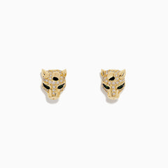 Signature 14K Gold Emerald and Diamond Panther Earrings (0.35 TCW) shaped like panther heads with black eye and nose detailing, featuring dazzling diamonds on the forehead and ears.
