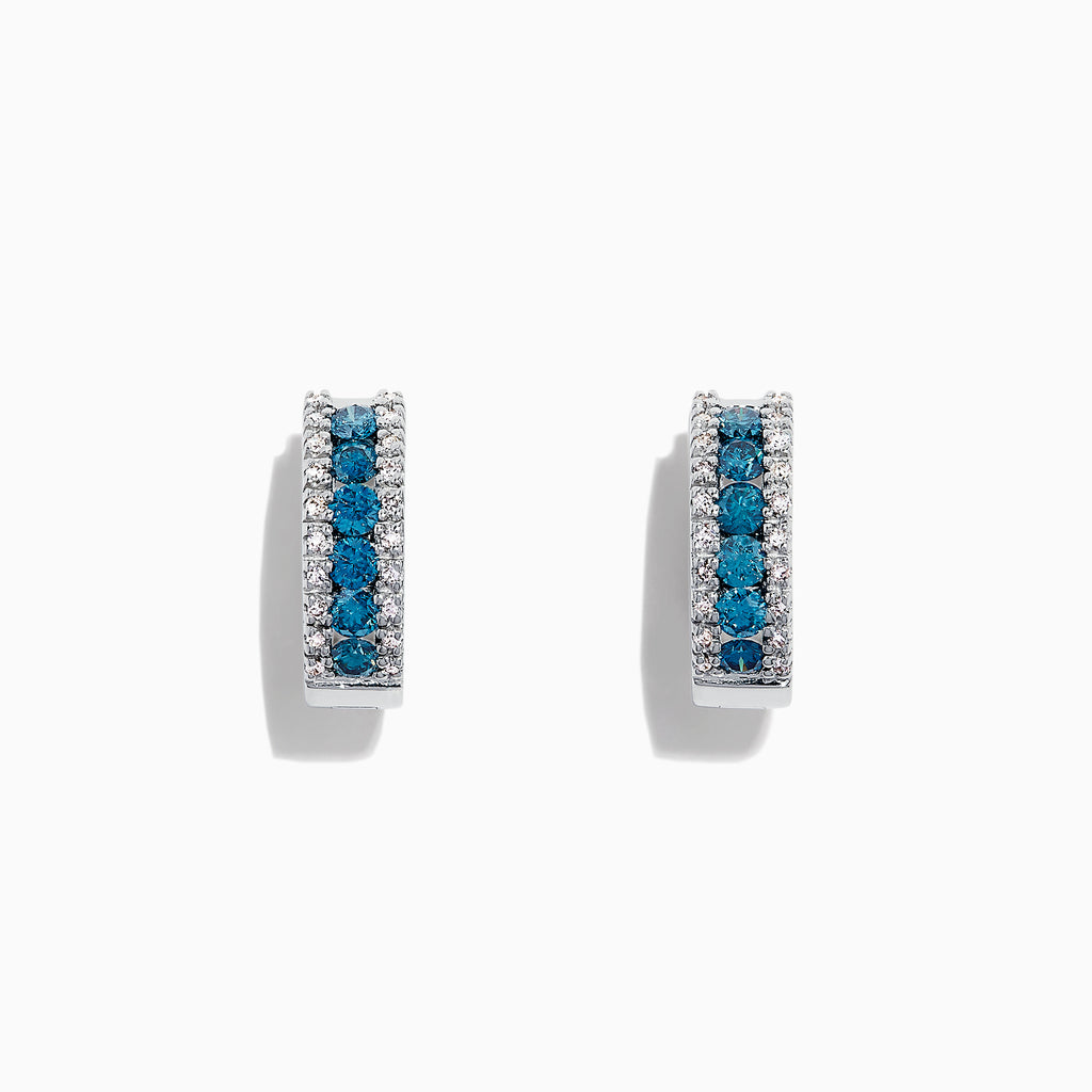 Bella Bleu 14K White Gold Hoop Earrings, 0.92 TCW, showcase a central row of blue and white diamonds bordered by small clear stones, presented against a white background.