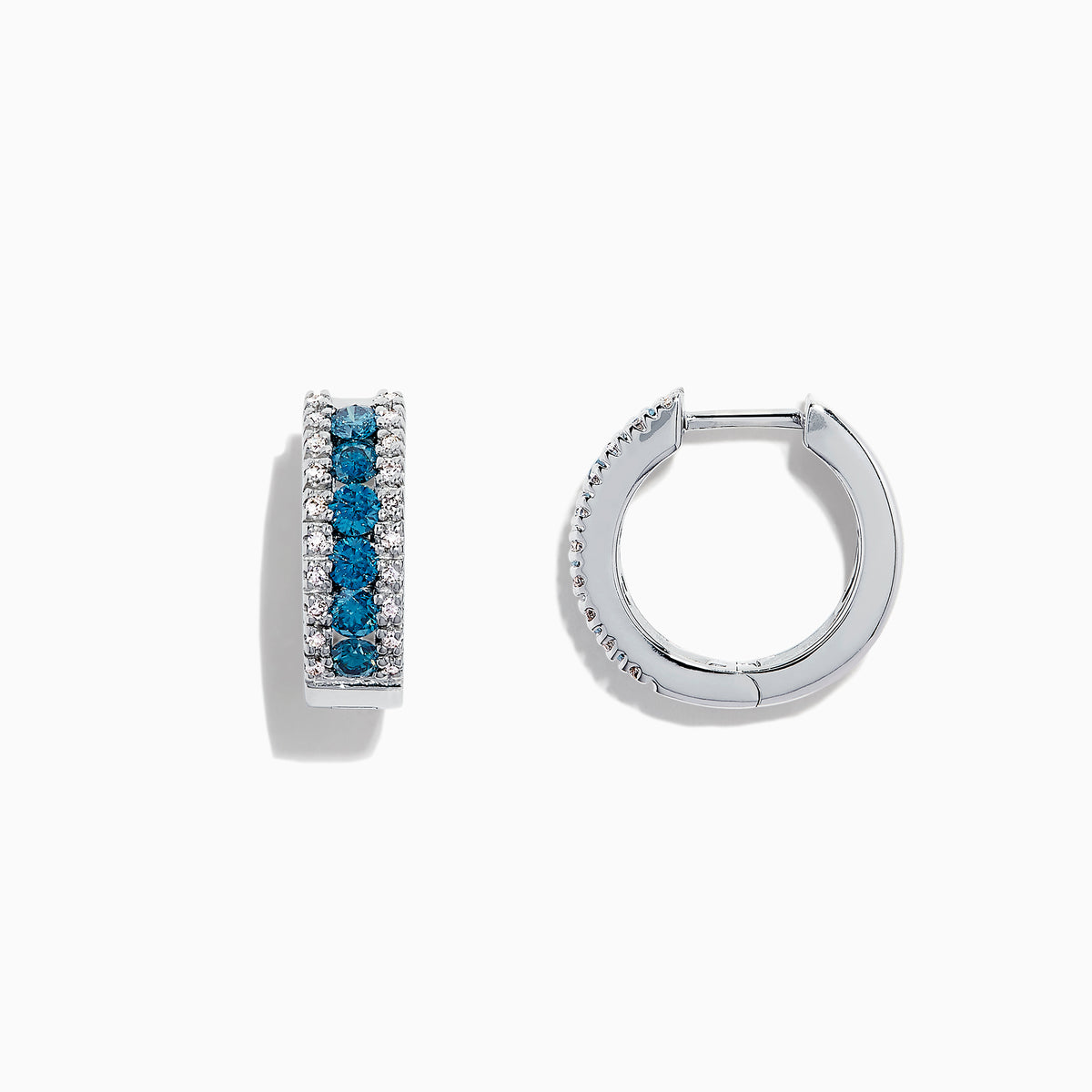 Bella Bleu 14K White Gold Hoop Earrings, 0.92 TCW, showcase a central row of blue and white diamonds bordered by small clear stones, presented against a white background.