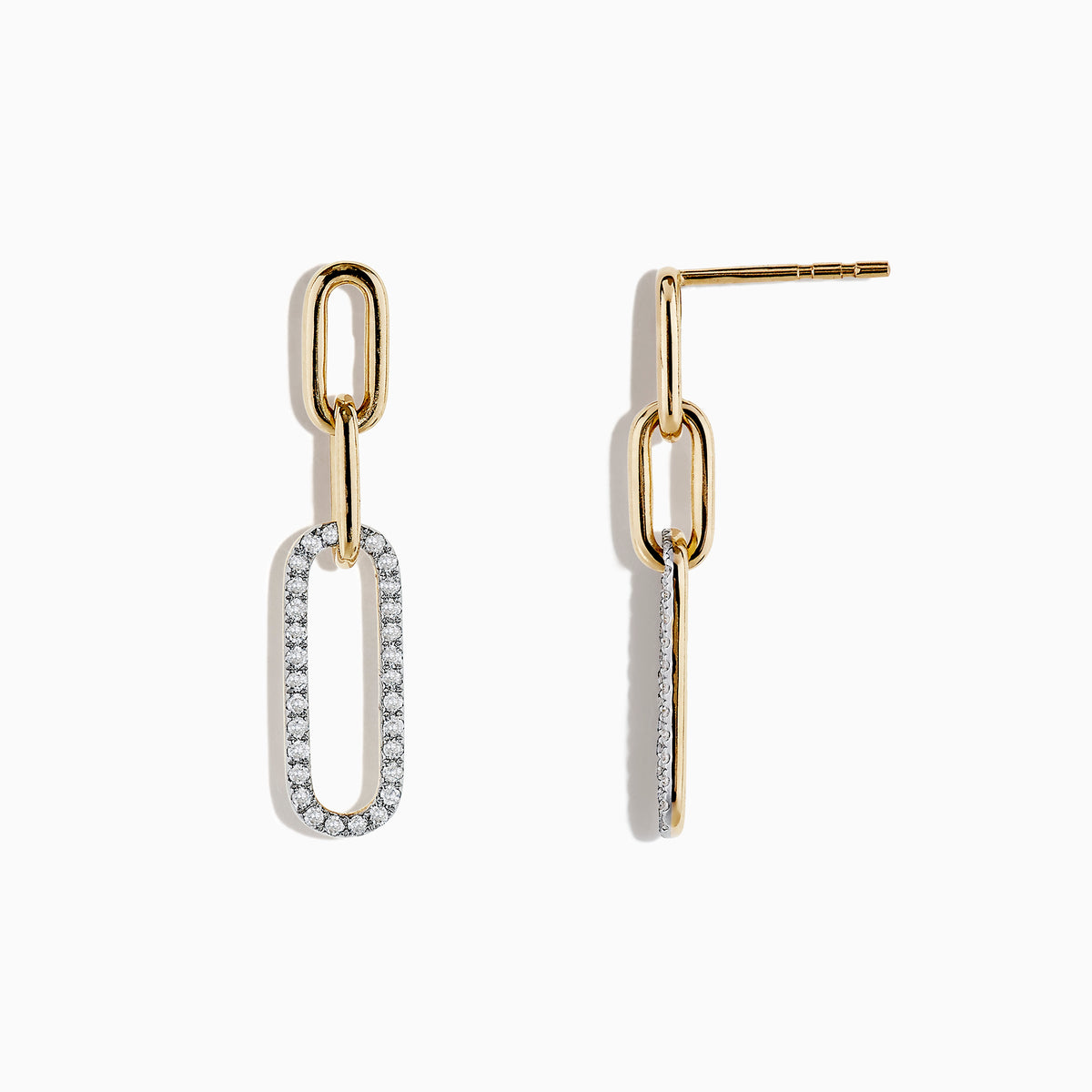 Modern and elegant, the DOro 14K Yellow Gold Diamond Paperclip Earrings feature two elongated oval links—the top in plain gold, the bottom encrusted with 0.29 TCW sparkling diamonds—for a contemporary twist on classic style.