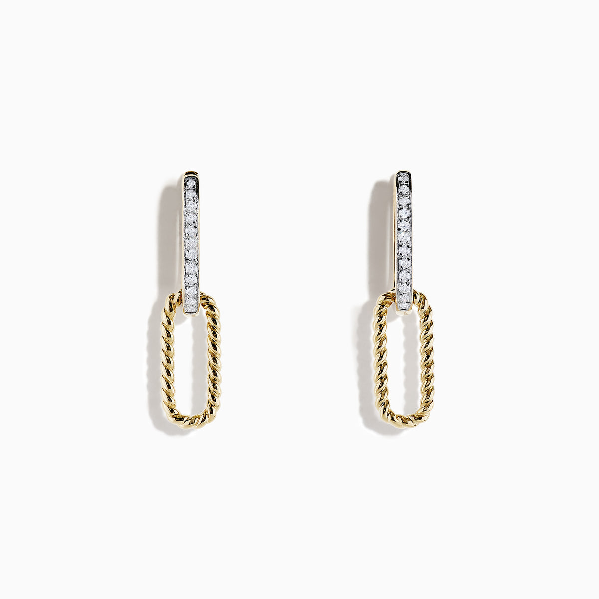 The DOro 14K Yellow Gold Diamond Paperclip Earrings, 0.12 TCW, feature a vertical diamond-studded bar and a twisted gold oval hoop, elegantly crafted in 14K yellow gold and shown on a white background.