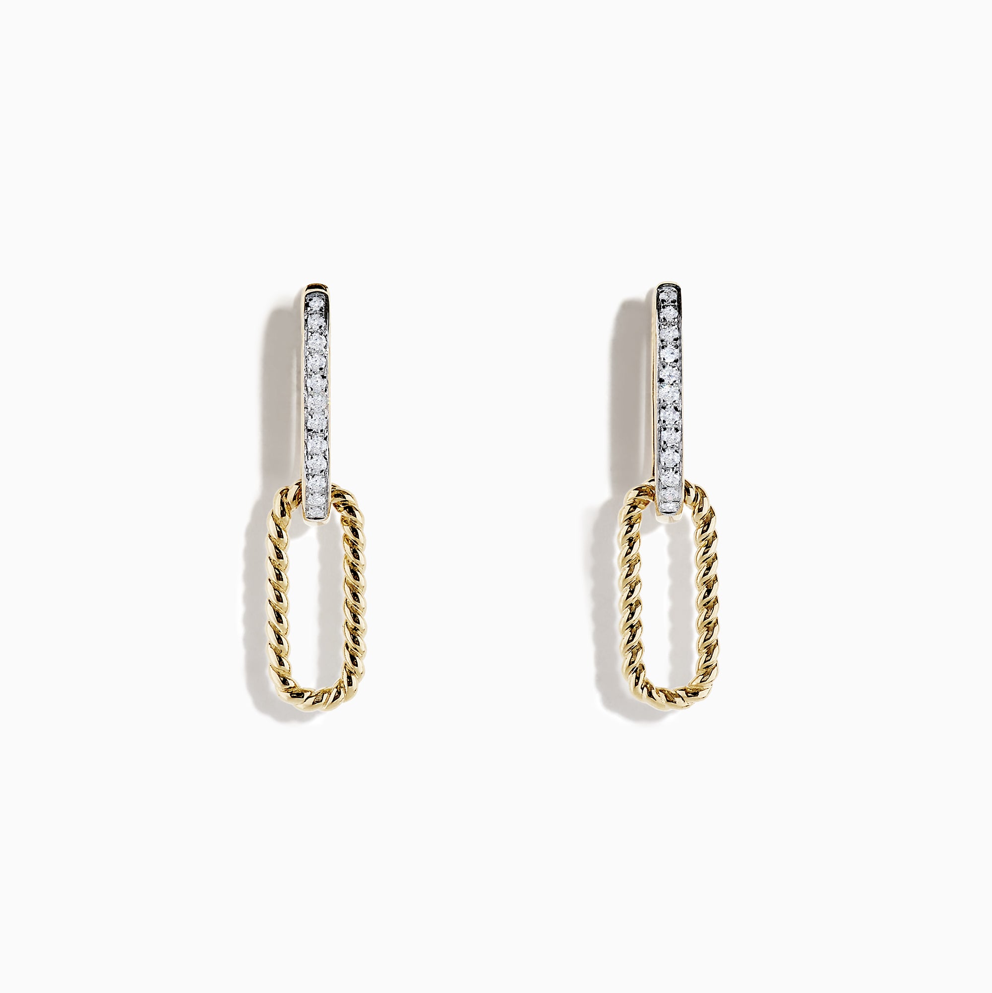 The DOro 14K Yellow Gold Diamond Paperclip Earrings, 0.12 TCW, feature a vertical diamond-studded bar and a twisted gold oval hoop, elegantly crafted in 14K yellow gold and shown on a white background.