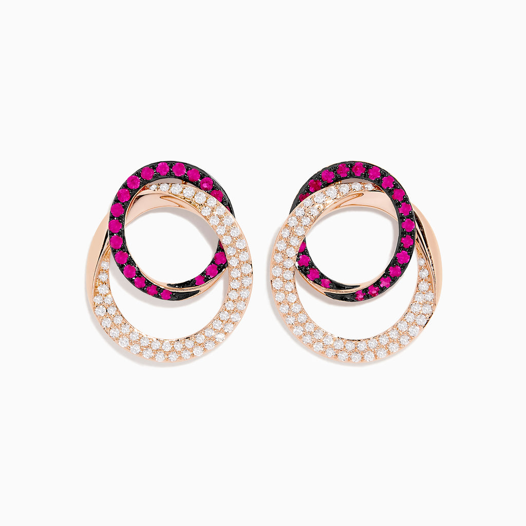 The Ruby Royale 14K Rose Gold Ruby and Diamond Intertwined Circles Earrings feature overlapping loops—one shimmering with diamonds, the other with vibrant rubies—for an elegant, interlocking design.