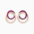 The Ruby Royale 14K Rose Gold Ruby and Diamond Intertwined Circles Earrings feature overlapping loops—one shimmering with diamonds, the other with vibrant rubies—for an elegant, interlocking design.