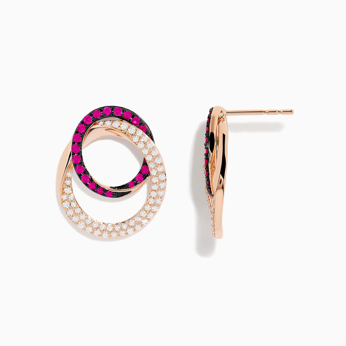 The Ruby Royale 14K Rose Gold Ruby and Diamond Intertwined Circles Earrings feature overlapping loops—one shimmering with diamonds, the other with vibrant rubies—for an elegant, interlocking design.