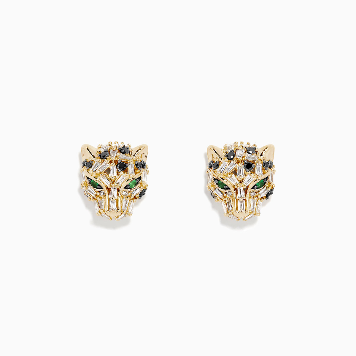 Signature 14K Yellow Gold Black and White Diamond Panther Earrings showcase intricate panther detailing with sparkling black and white diamonds, displayed on a white background.