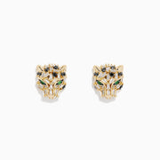 Signature 14K Yellow Gold Black and White Diamond Panther Earrings showcase intricate panther detailing with sparkling black and white diamonds, displayed on a white background.