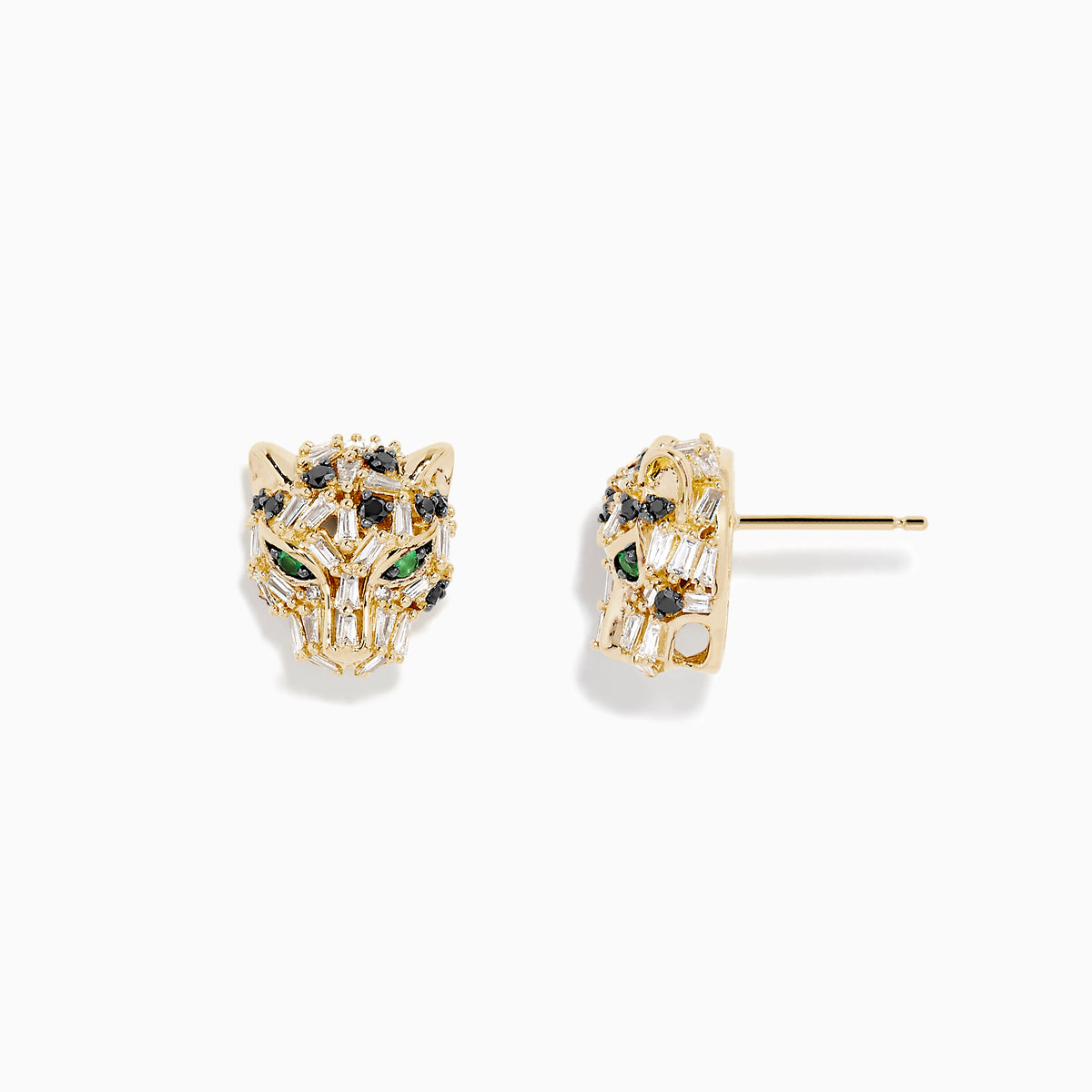 Signature 14K Yellow Gold Black and White Diamond Panther Earrings showcase intricate panther detailing with sparkling black and white diamonds, displayed on a white background.