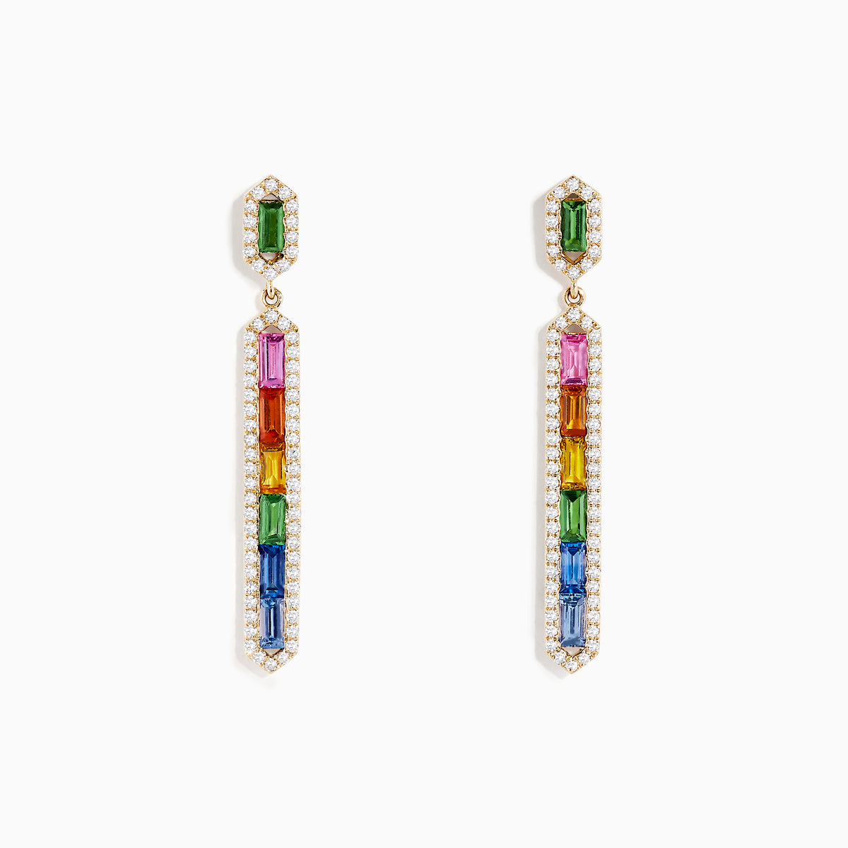 The Watercolors 14K Yellow Gold Multi Sapphire Drop Earrings feature vertically arranged rectangular multicolored sapphires bordered by clear stones for a stunning rainbow effect.