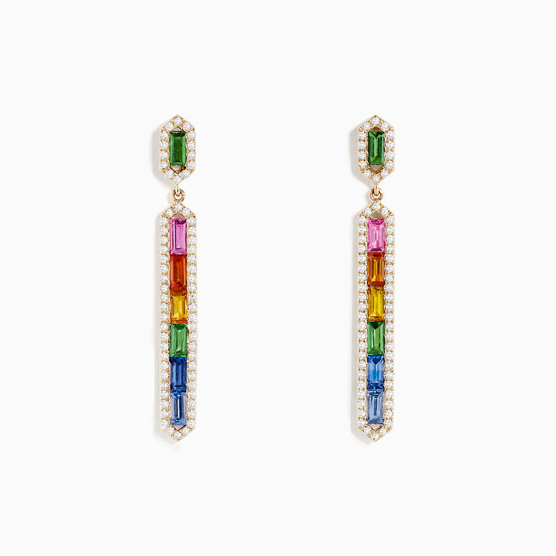 The Watercolors 14K Yellow Gold Multi Sapphire Drop Earrings feature vertically arranged rectangular multicolored sapphires bordered by clear stones for a stunning rainbow effect.