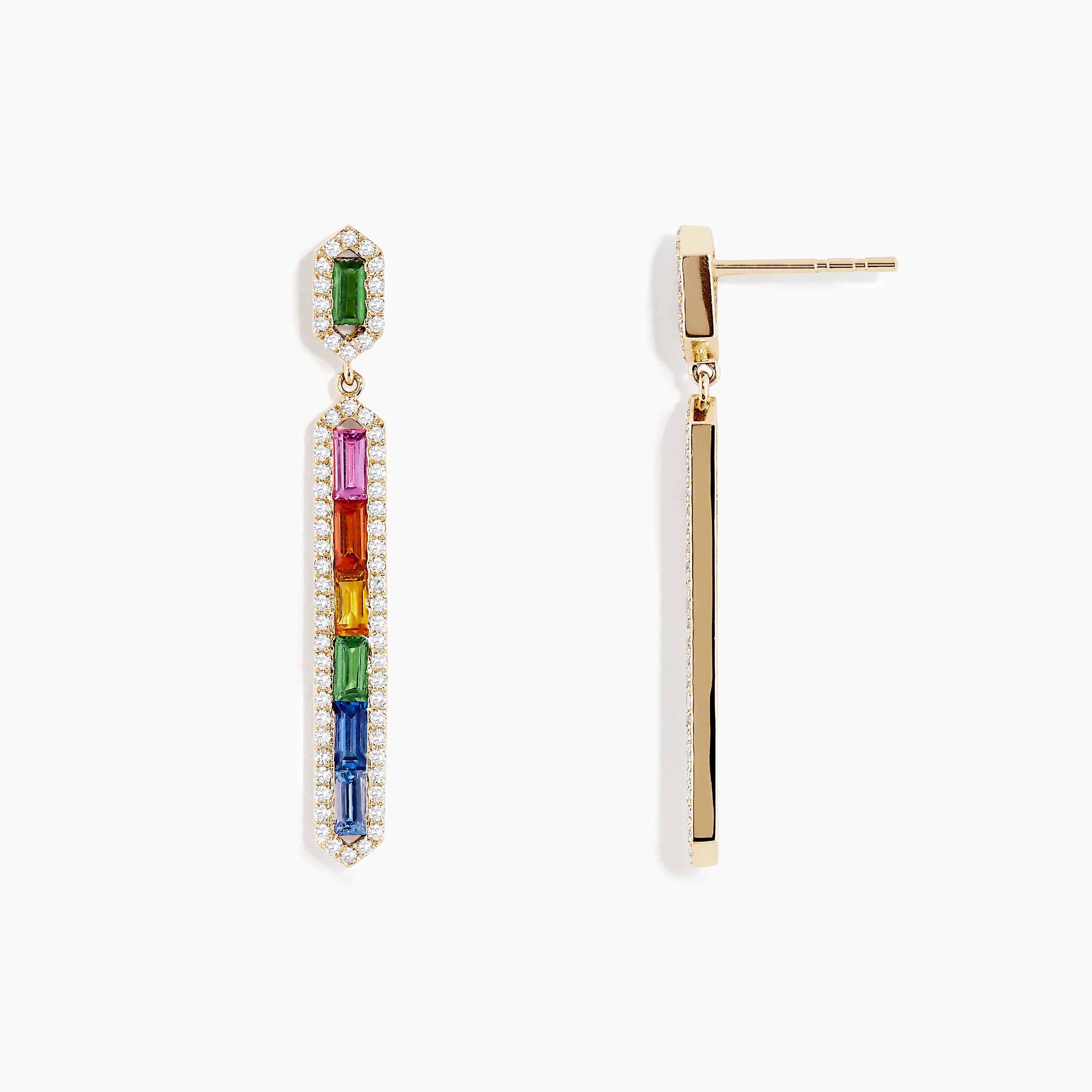 The Watercolors 14K Yellow Gold Multi Sapphire Drop Earrings feature vertically arranged rectangular multicolored sapphires bordered by clear stones for a stunning rainbow effect.