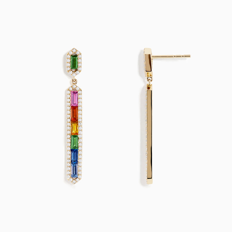 The Watercolors 14K Yellow Gold Multi Sapphire Drop Earrings feature vertically arranged rectangular multicolored sapphires bordered by clear stones for a stunning rainbow effect.
