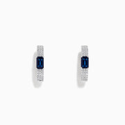 The Royale Bleu 14K White Gold Sapphire and Diamond Earrings feature a rectangular blue sapphire center accented by sparkling diamonds, presented against a plain white background.
