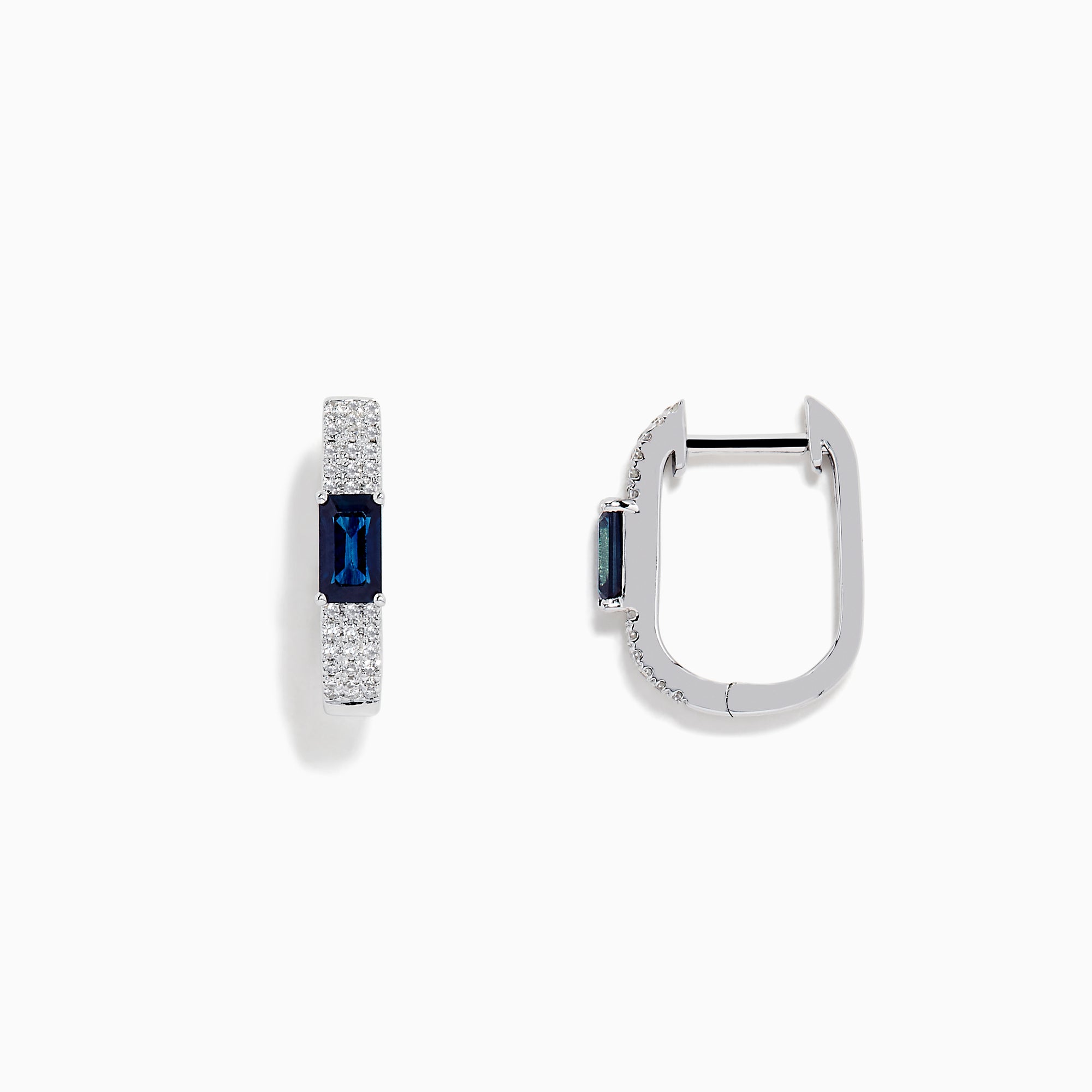 The Royale Bleu 14K White Gold Sapphire and Diamond Earrings feature a rectangular blue sapphire center accented by sparkling diamonds, presented against a plain white background.