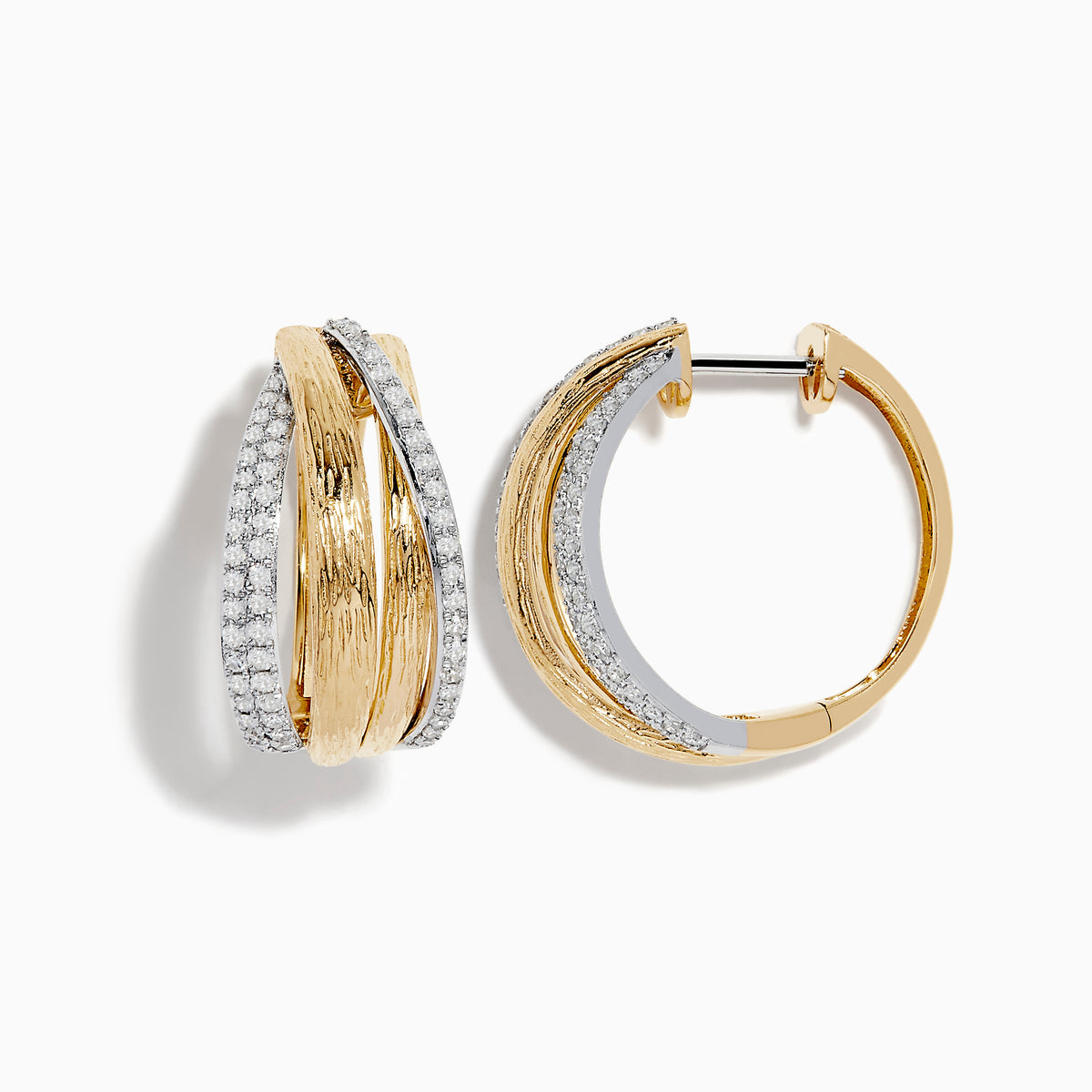 The Duo 14K Two-Tone Gold Diamond Hoop Earrings feature intertwined textured gold and sleek silver bands accented with sparkling diamonds, displayed against a white background.
