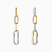 Doro 14K Yellow Gold Diamond Paperclip Drop Earrings feature two linked ovals: a plain upper oval and a lower oval adorned with sparkling diamond-like white crystals, creating a modern, elegant look.