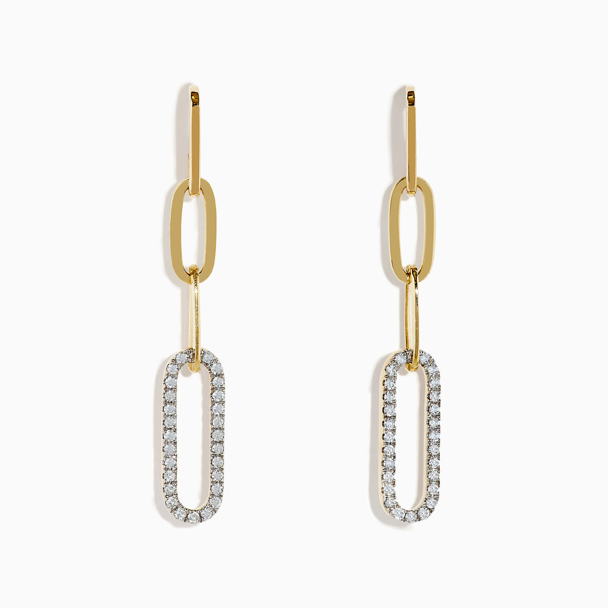 Doro 14K Yellow Gold Diamond Paperclip Drop Earrings feature two linked ovals: a plain upper oval and a lower oval adorned with sparkling diamond-like white crystals, creating a modern, elegant look.