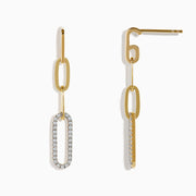 Doro 14K Yellow Gold Diamond Paperclip Drop Earrings feature two linked ovals: a plain upper oval and a lower oval adorned with sparkling diamond-like white crystals, creating a modern, elegant look.